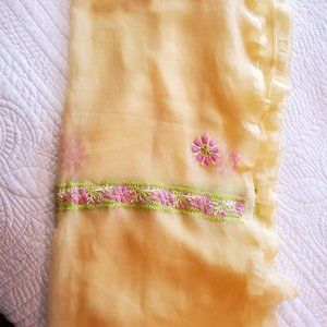 Sheer Yellow Scarf / Wrap with Pink and Green Embroidery NWOT
